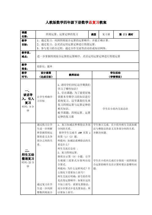 新人教版数学四年级下册复习教案.docx