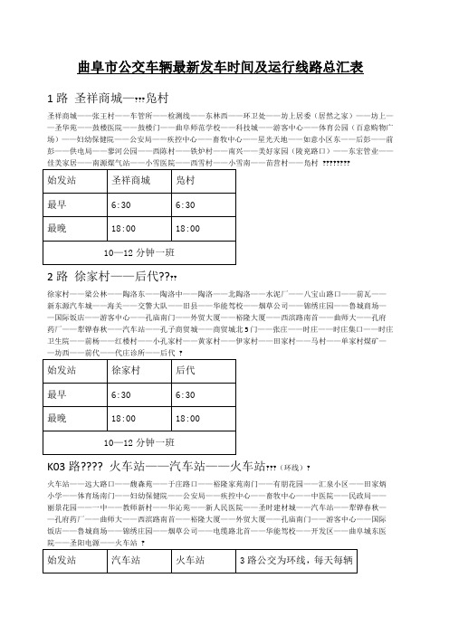 曲阜市公交车辆最新线路及发车时间汇总表