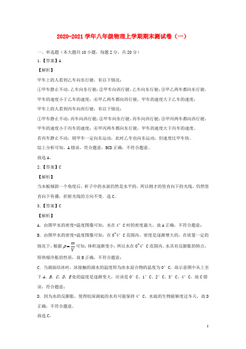 2020_2021学年八年级物理上学期期末测试卷一沪科版