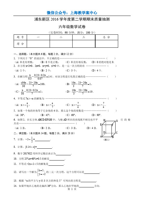 2016-2017年上海市浦东新区六下期末