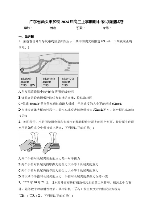 广东省汕头市多校2024届高三上学期期中考试物理试卷(含答案)