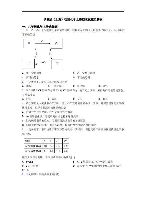 沪教版(上海)初三化学初三化学上册期末试题及答案