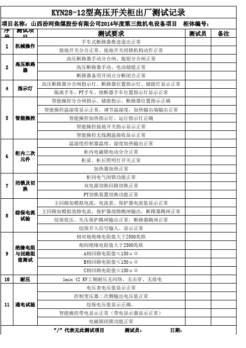 KYN28-12高压柜出厂测试检验记录单通用版