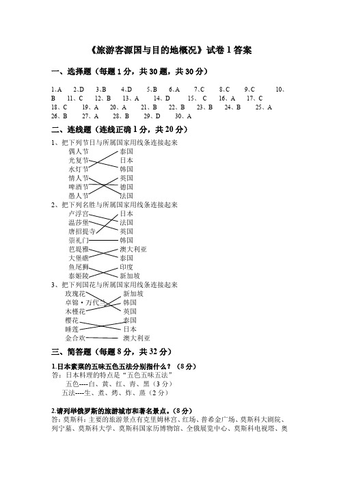 《中国旅游客源国与目的地国概况》试题库 旅游客源国与目的地概况试卷1答案