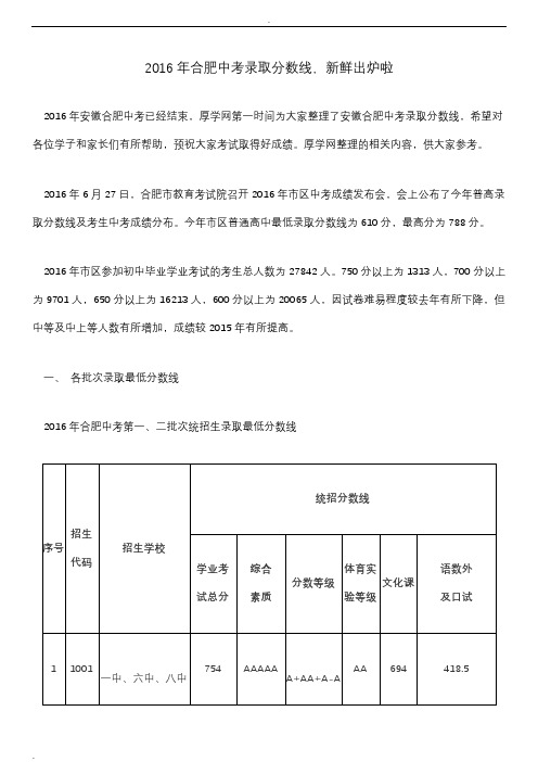 2016年合肥中考录取分数线,新鲜出炉啦