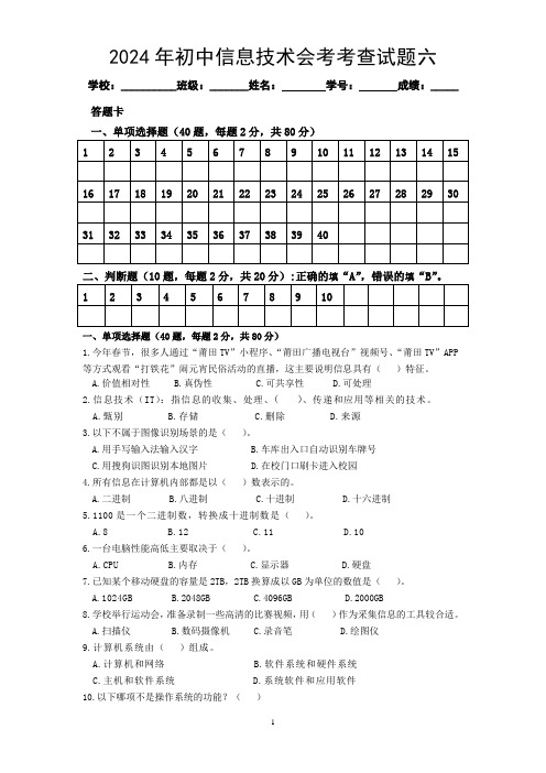 2024年初中信息技术考查试题6