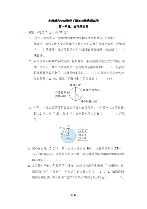 苏教版六年级数学下册第一单元  扇形统计图 专项试卷附答案