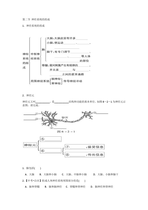 2020-2021学年人教版七年级生物下册 第四单元第六章 第二节 神经系统的组成 同步课时练习