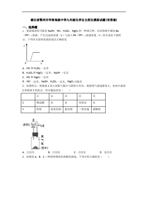 湖北省鄂州市华容高级中学九年级化学自主招生模拟试题(有答案)