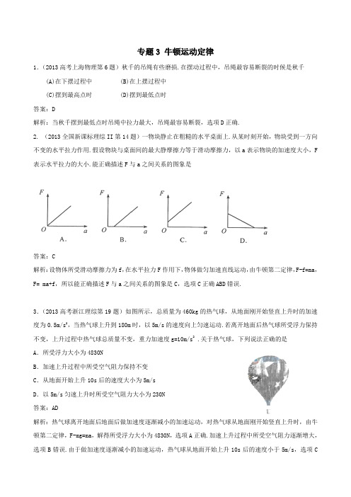 2013高考真题汇编-专题3 牛顿运动定律