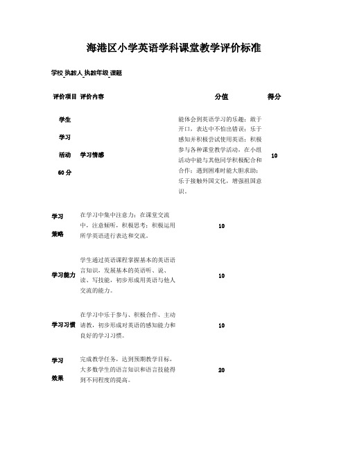 海港区小学英语课堂教学评价标准(精)