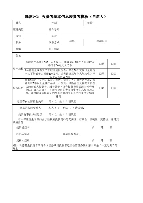 投资者基本信息表参考模板