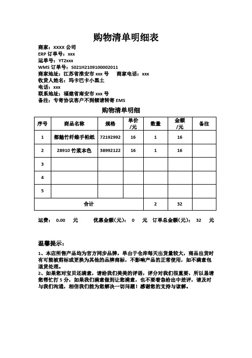 购物清单明细表