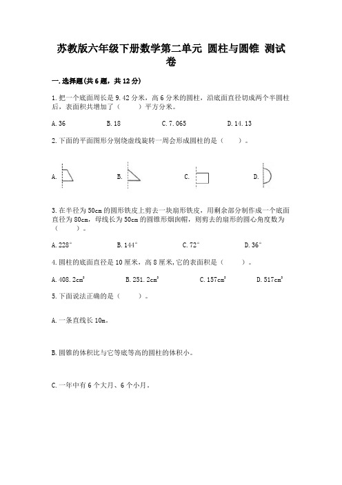 苏教版六年级下册数学第二单元 圆柱与圆锥 测试卷新版