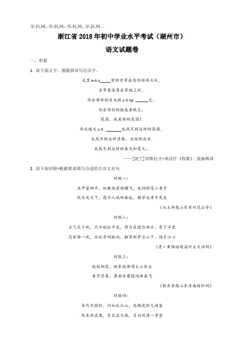 精品解析：浙江省湖州市2018年初中学业考试语文试题(原卷版)