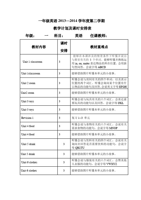 一年级英语教学计划课时安排表