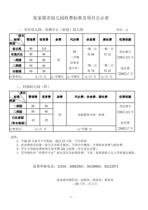 张家港市幼儿园收费标准及项目公示表