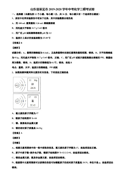 山东省莱芜市2019-2020学年中考化学三模考试卷含解析