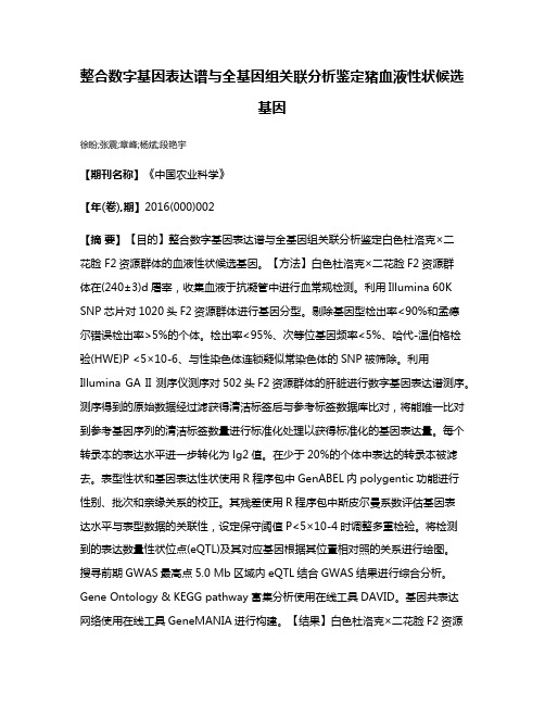 整合数字基因表达谱与全基因组关联分析鉴定猪血液性状候选基因