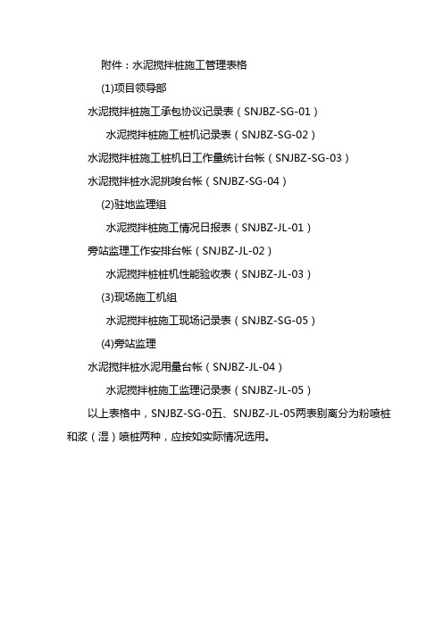 江苏省高速公路建设指挥部水泥搅拌桩施工指导意见附表--水泥搅拌桩施工管理表格