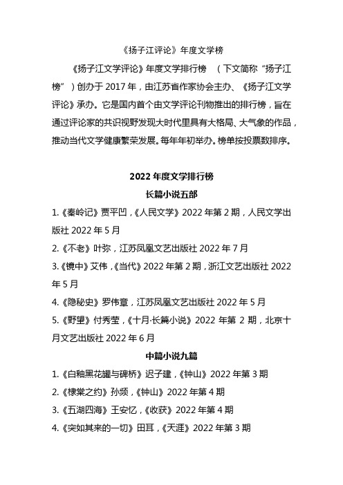 《扬子江文学评论》年度文学排行榜