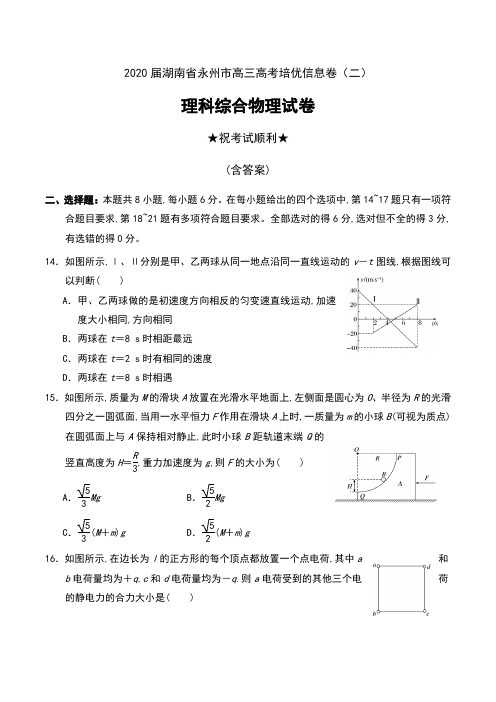 2020届湖南省永州市高三高考培优信息卷(二)理科综合物理试卷及答案