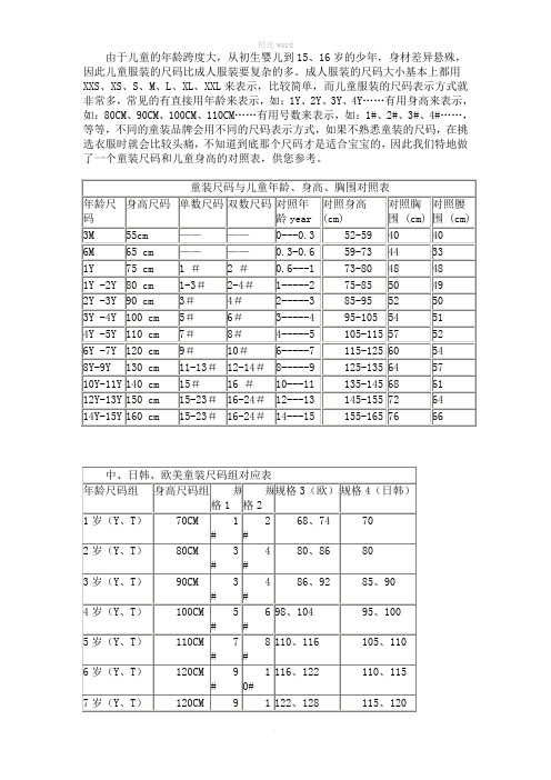 婴儿儿童服装尺码、身高、衣长对照表及计算表