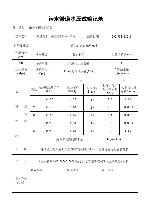 给水压力管道试验记录表自动计算表格