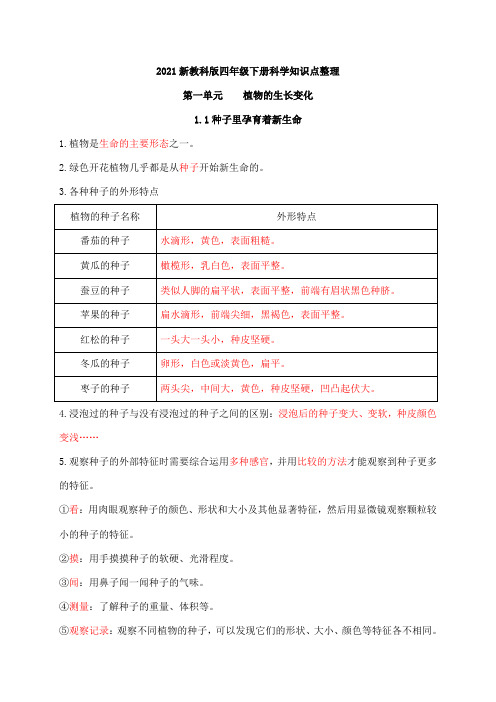 2021新教科版科学四年级下册第一、二单元知识点整理