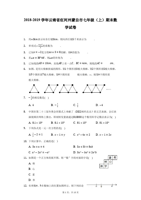 2018-2019学年云南省红河州蒙自市七年级(上)期末数学试卷(附详解)