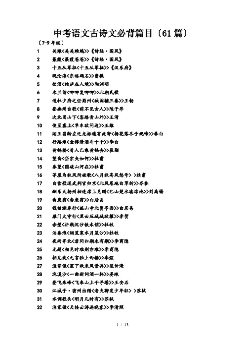 中考语文古诗文必背篇目(61篇)(同名10150)