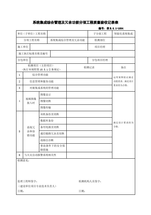 表B.0.1-1004 系统集成综合管理及冗余功能分项工程质量验收记录表