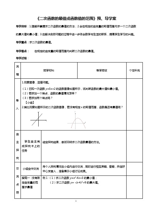 数学九年级上册二次函数的最值或函数值的范围