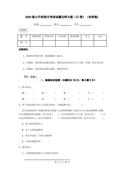 2020版小升初语文考试试题北师大版(II卷) (含答案)