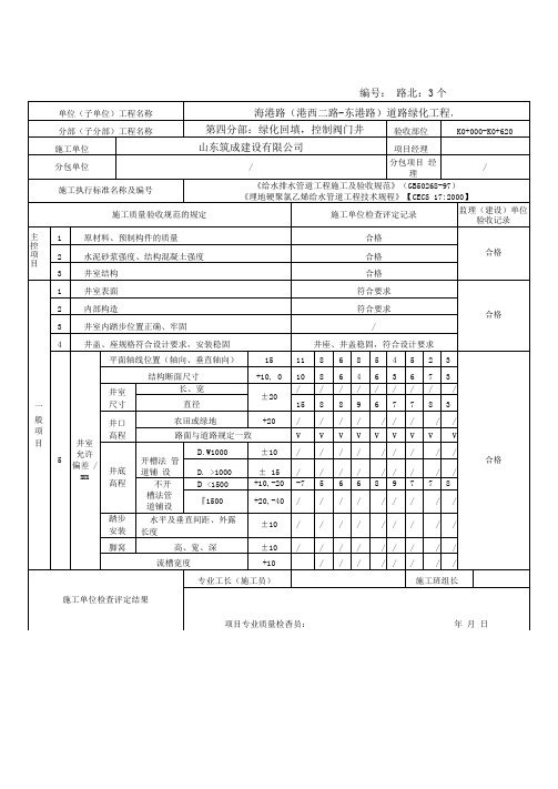 阀门井检验批质量验收记录表