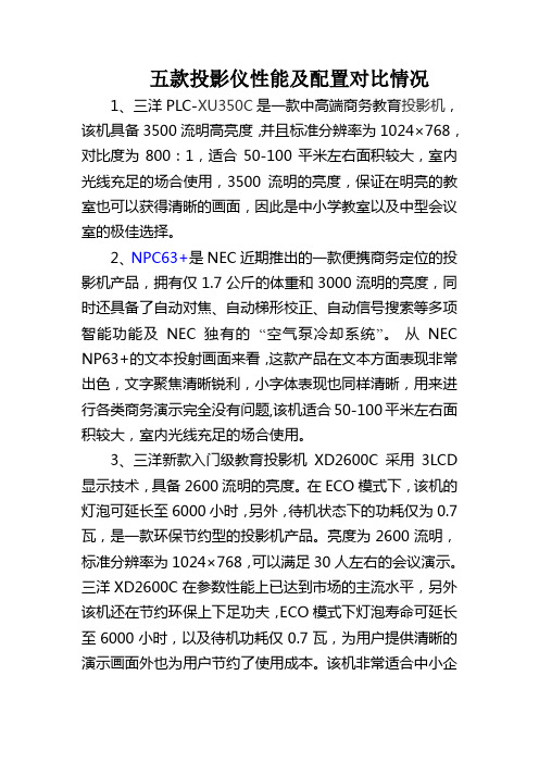 五款投影仪性能及配置对比情况