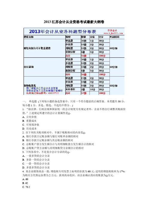 2013江苏会计从业资格考试最新大纲卷