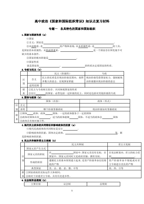 高中政治《国家和国际组织常识》知识点详细复习材料