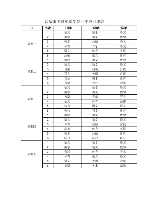 盐城市中兴实验学校一年级日课表总结