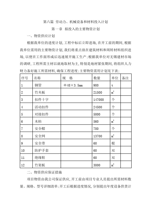 劳动力机械设备和材料投入计划