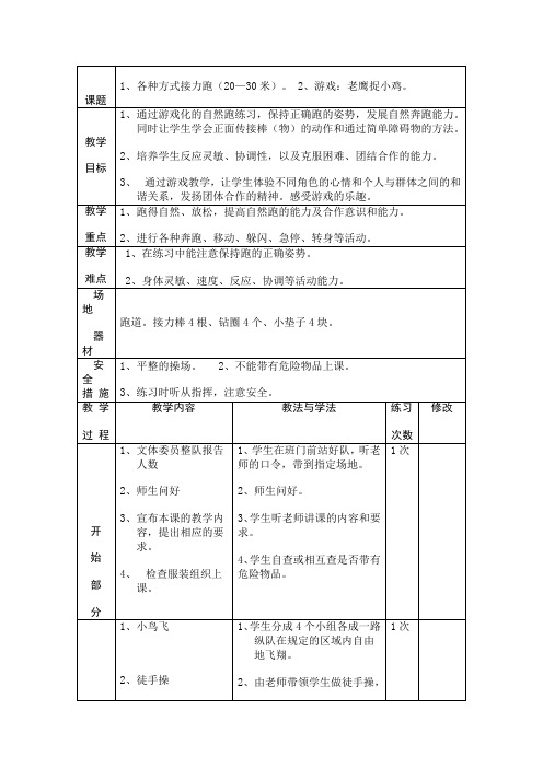 1各种方式接力跑(20—30米)2游戏：老鹰捉小鸡