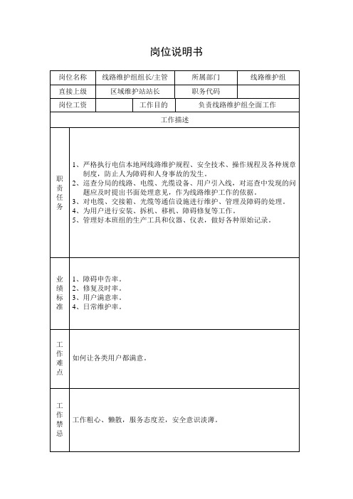 通信公司线路维护组组长岗位说明书