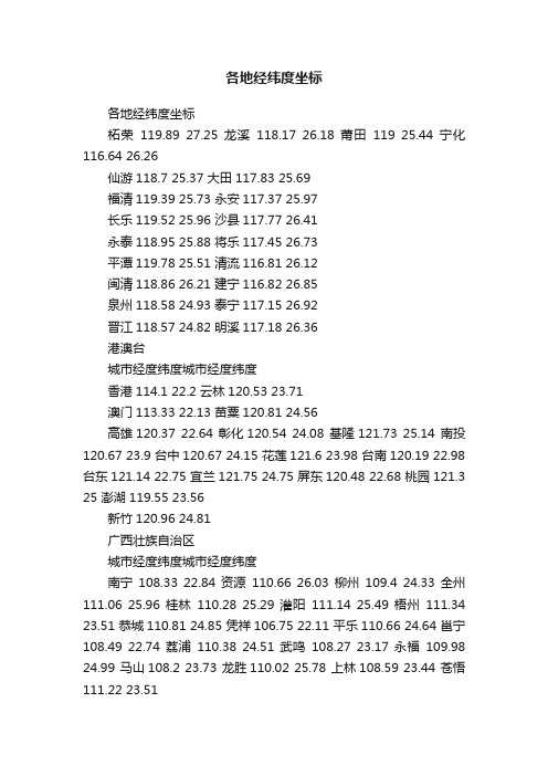 各地经纬度坐标