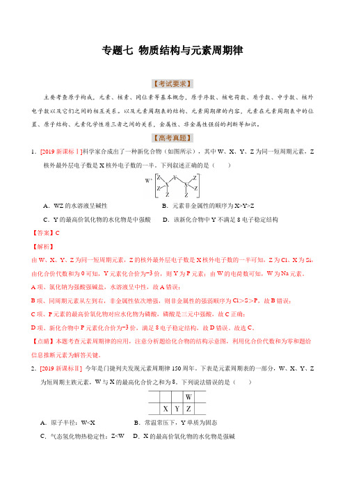 专题七 物质结构与元素周期律-2020年高考化学二轮复习分题型强化专练(解析版)
