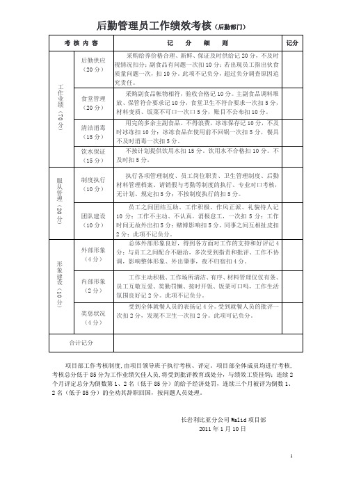 司务长工作绩效考核