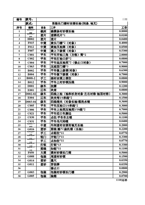 制衣厂各款式工序单价