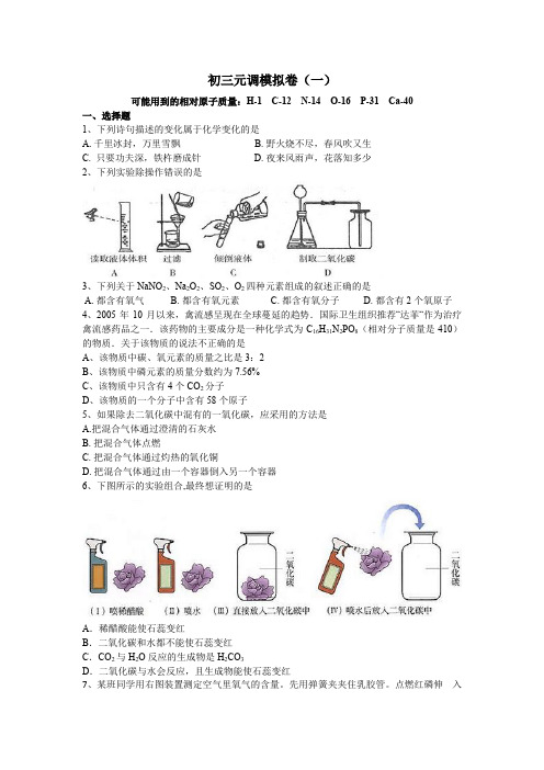 武汉初三化学元调模拟卷1