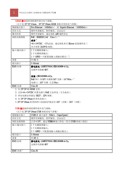 华谷动力小面阵工业相机电气规格说明说明书