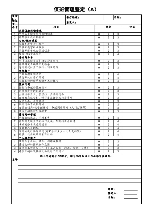 餐厅管理鉴定-值班管理A1