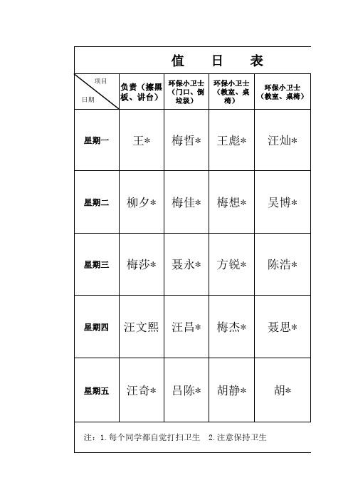 小学生值日表模板